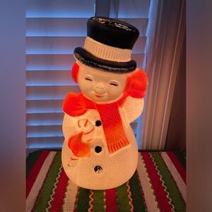 Vintage 1960’s Poloron Snowman W/Candy Cane Light Up 13” Tall Plastic Figure